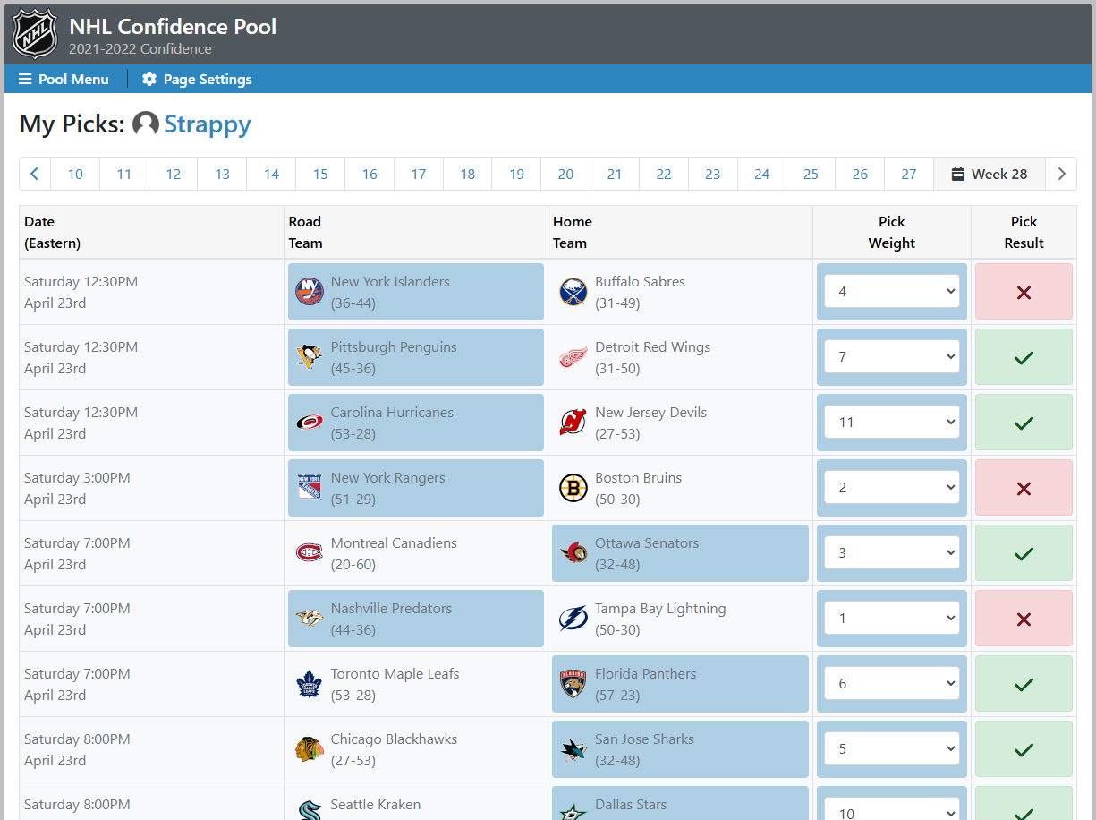 Confidence Pool Pick Sheet